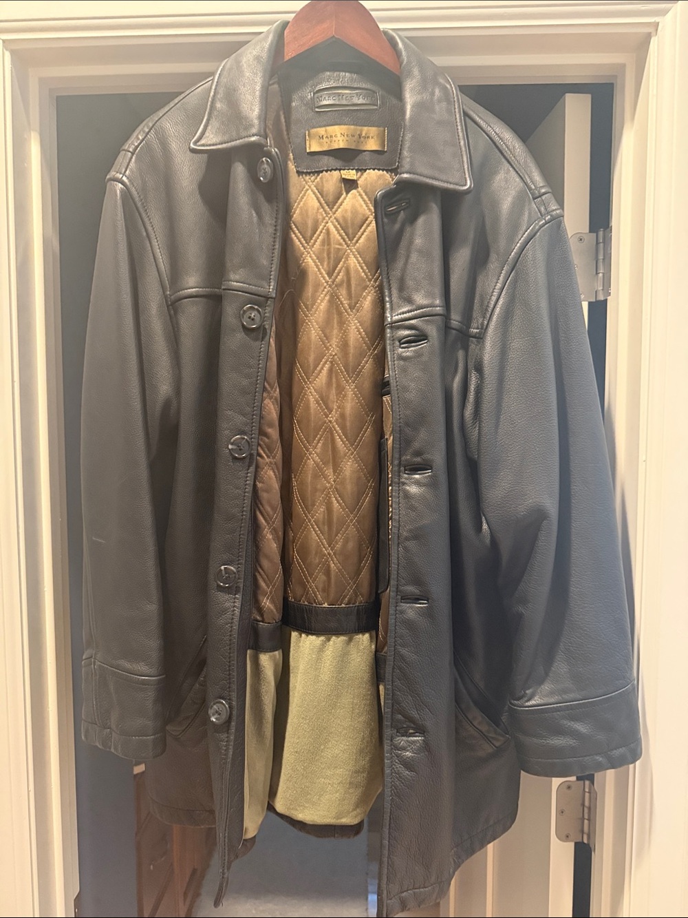 Marc New York Black Leather Trench Coat with Brown Quilted Lining
